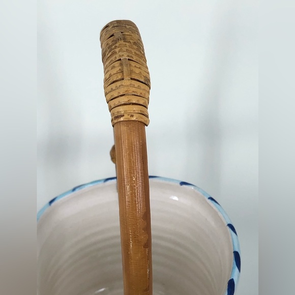 Art Pottery Basket Bamboo Handle Signed “Stevens” Painted Flowers Pansies - Picture 15 of 16